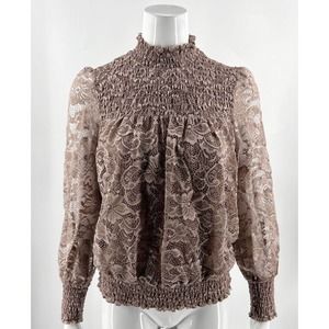 Cable Gauge High Neck Lace Top Size Small Mauve Pink Lined Shirred Womens NEW